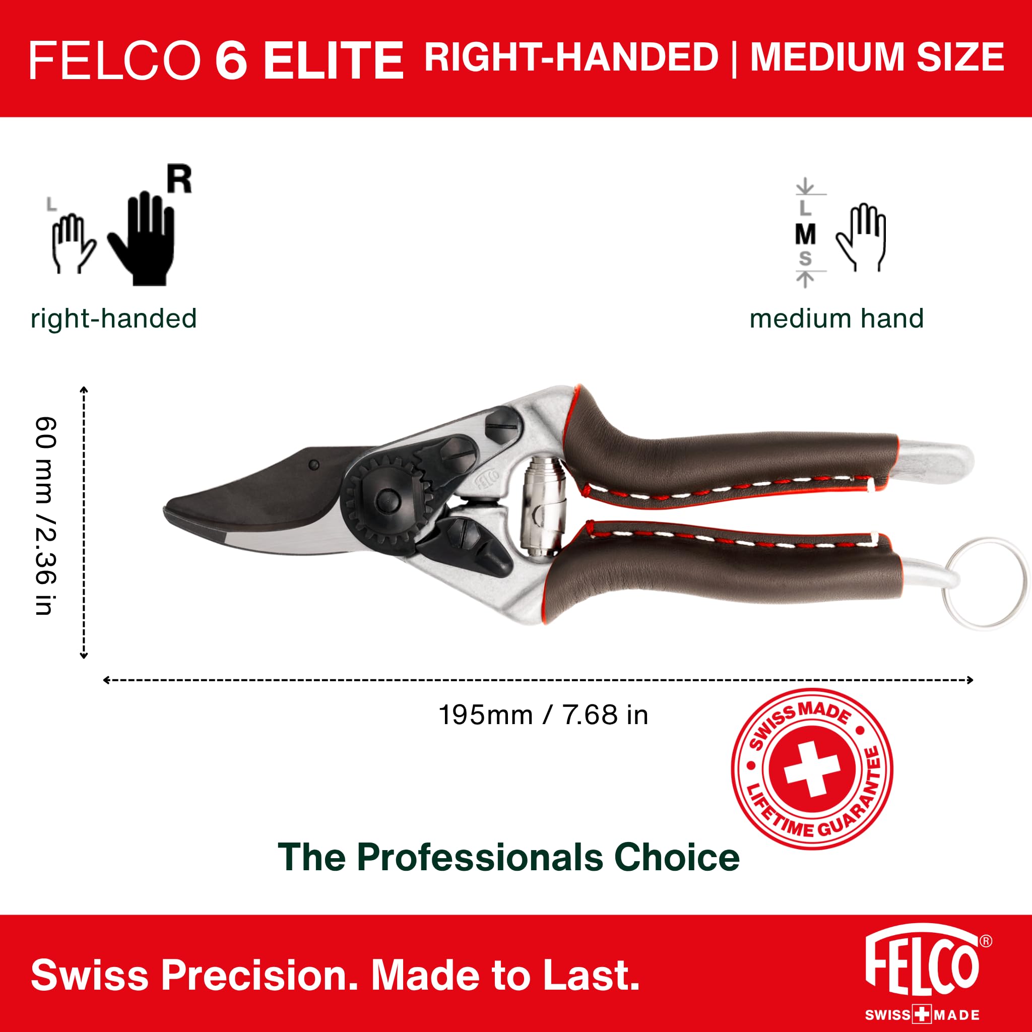 FELCO 6 ELITE Pruning Shears – 7.7" Swiss-Made Garden Clippers with Leather-Wrapped Handle for Medium Right Hands | Hand Pruners for Gardening | Garden Tool Cutter with Bypass Blade, Aluminum Body - Image 3