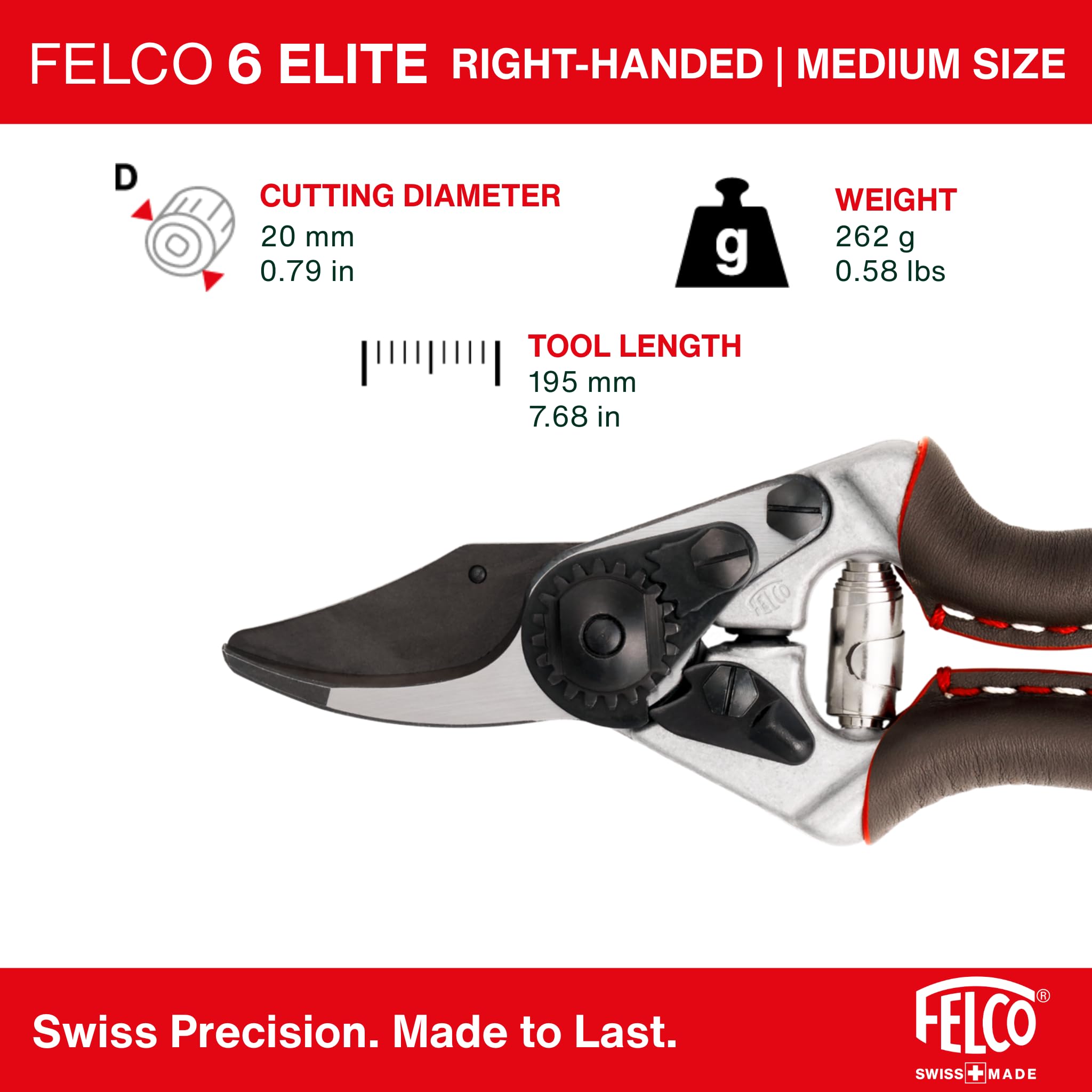 FELCO 6 ELITE Pruning Shears – 7.7" Swiss-Made Garden Clippers with Leather-Wrapped Handle for Medium Right Hands | Hand Pruners for Gardening | Garden Tool Cutter with Bypass Blade, Aluminum Body - Image 4