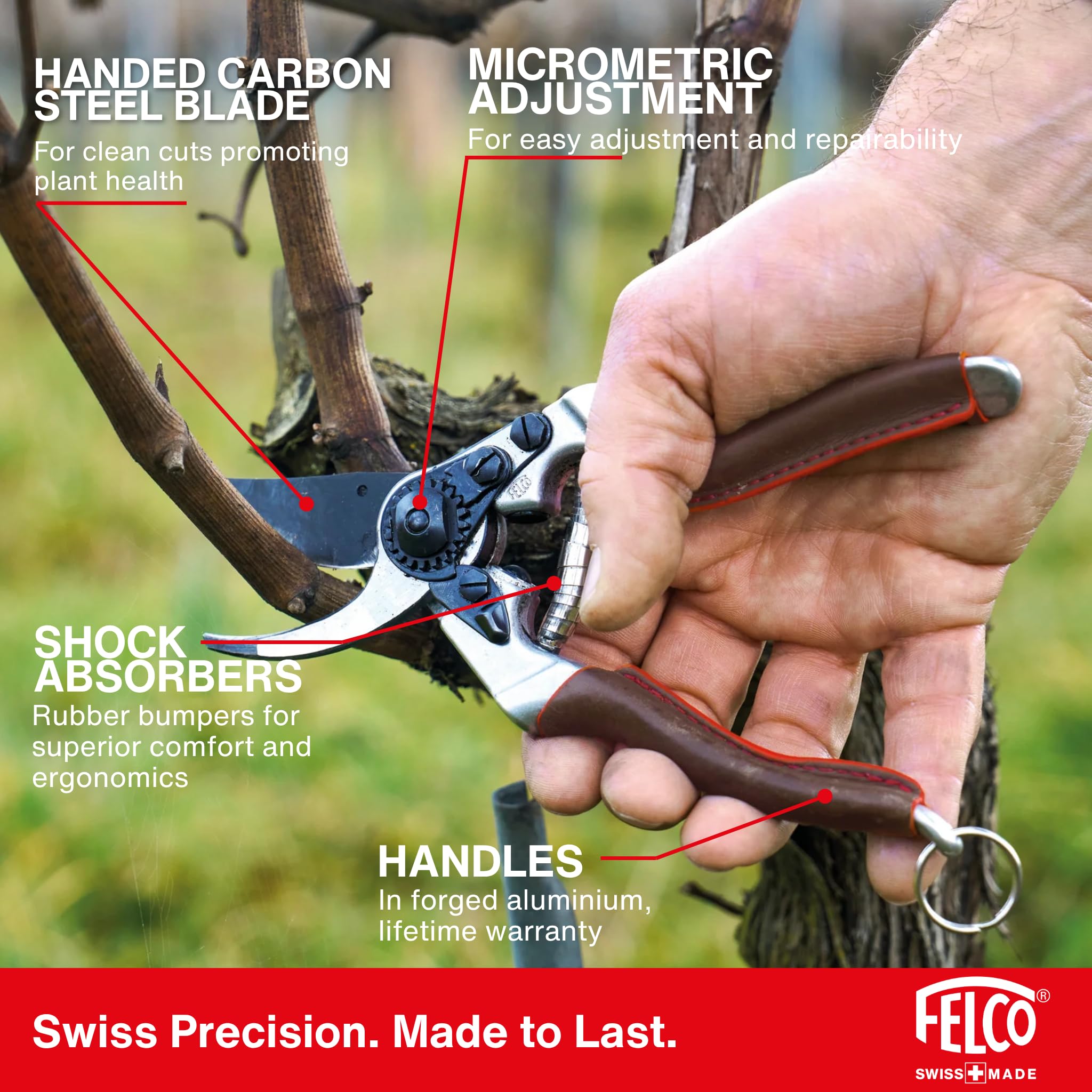 FELCO 6 ELITE Pruning Shears – 7.7" Swiss-Made Garden Clippers with Leather-Wrapped Handle for Medium Right Hands | Hand Pruners for Gardening | Garden Tool Cutter with Bypass Blade, Aluminum Body - Image 5